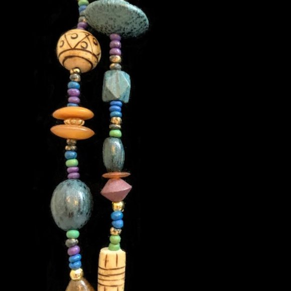 Layered Metal Resin Wooden Bead Strands Necklace - Picture 3 of 4